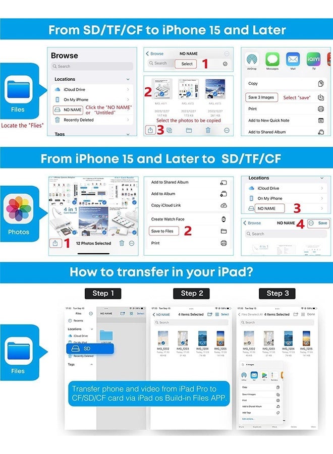 بشكل مختصر 【4 في 1】 محور قارئ بطاقات متعدد USB C USB3.0، محور متعدد المنافذ من النوع C لبطاقات SD و CF و MS و microSD و Micro SDHC، متوافق مع iPhone 17/16/15 Pro Max و MacBook Air و iPad و Galaxy S26/S25 - Image 4